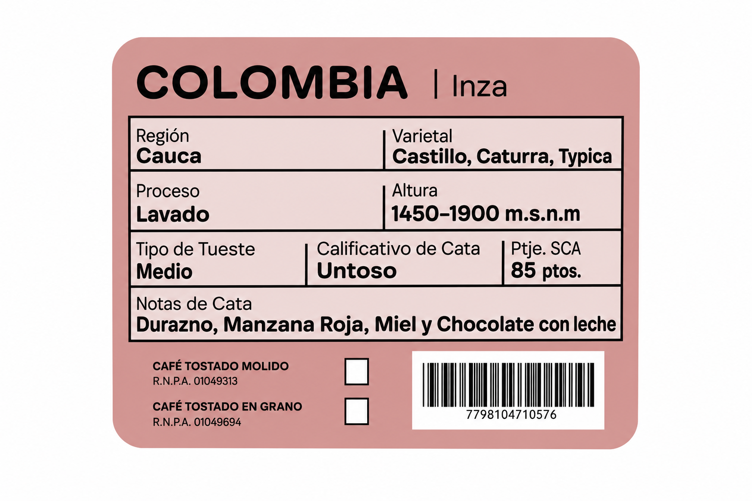 Etiqueta del café Colombia Inzá de Cero