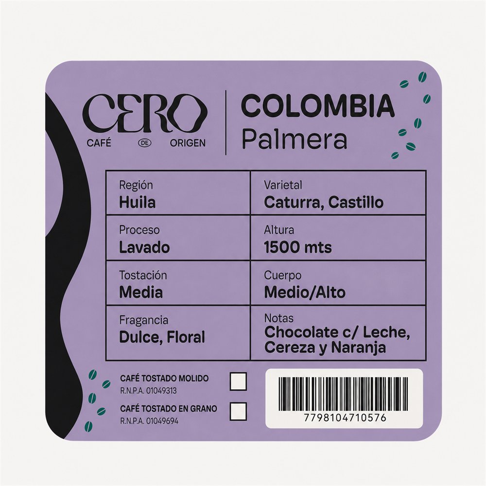 Etiqueta del café Colombia Palmera de Cero