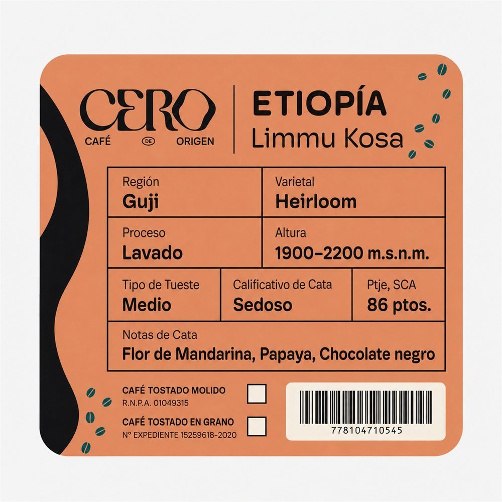 Etiqueta del café Etiopía Limmu Kossa de Cero