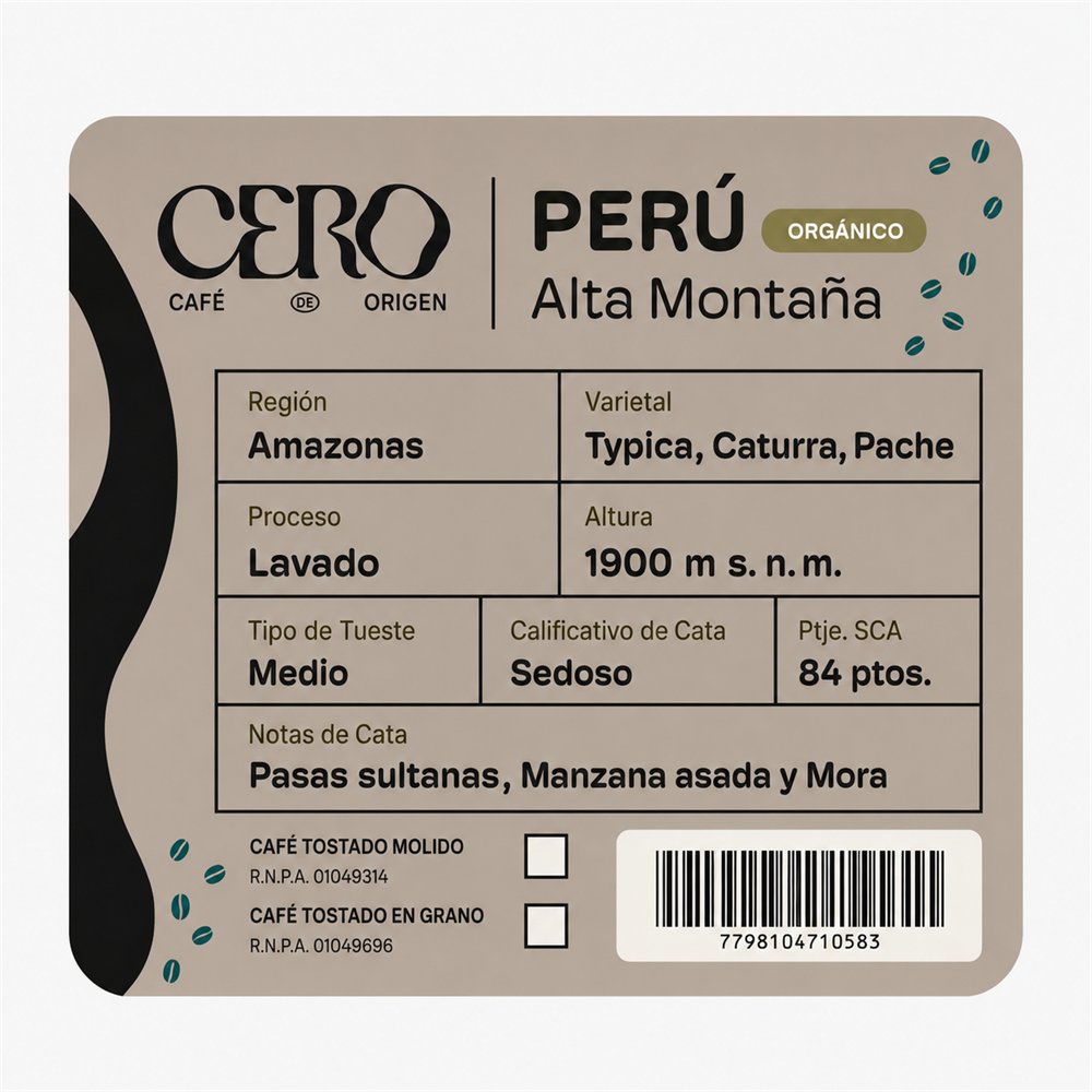 Etiqueta del café Perú Orgánico Alta Montaña de Cero
